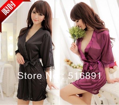 Free shipping fashion Women 2013 faux silk sexy sleepwear transparent plus size bathrobe underwear lace nightgown set temptation