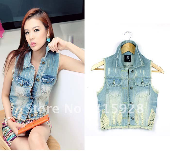 Free Shipping Fashion Women fringe hole denim vest Retro blue 9958 vest women