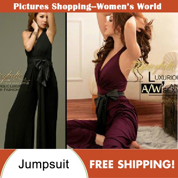 Free shipping! Fashion women leather belt slim jumpsuit wide-leg trousers