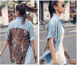 Free shipping Fashion Women Leopard Chiffon Denim Top shirts Blouse Half Sleeve Clubwear