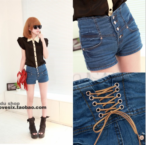 Free Shipping Fashion women's 2013 spring fashion buckle high waist lacing short denim trousers tight shorts