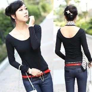 Free shipping Fashion women's big o-neck low collar basic shirt cotton solid color sweater