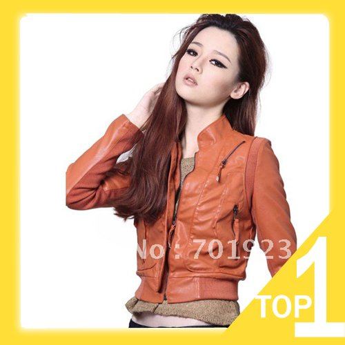 Free shipping Fashion Women's Coat Orange Washable Leather Jacket Short Coat Outerwear Y3591