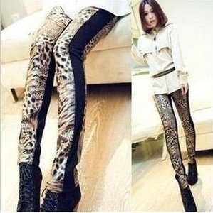 Free Shipping Fashion Women's Ladies Patchwork Faux Leather Leggings Pants#Tiger Printed