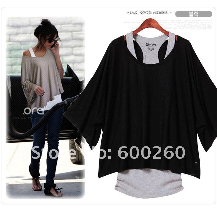 Free shipping Fashion Women's Leisure Loose Bat Short Sleeve Vest + T-Shirt 2Pcs Set 3 colors#5127