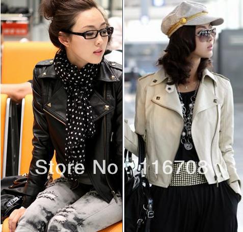 Free shipping Fashion Women's turndown Collar Rivet PU Leather Jacket Coat Lady Outerwear PJ003