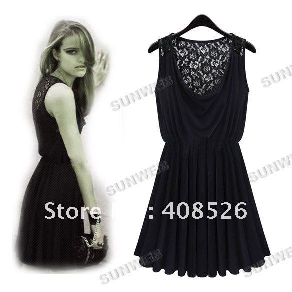 Free Shipping Fashion Women's Vintage Sleeveless summer Dresses Lace Dress Black Size M/L  5697