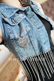 Free Shipping Fashion Women sequins hole chain tassels denim vest 9582 denim jacket coat vest women