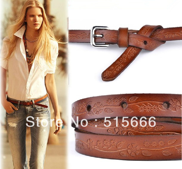 Free shipping  fashion Women strap, all-match casual vintage pin buckle carved cowhide genuine leather thin belt 110*1.5cm