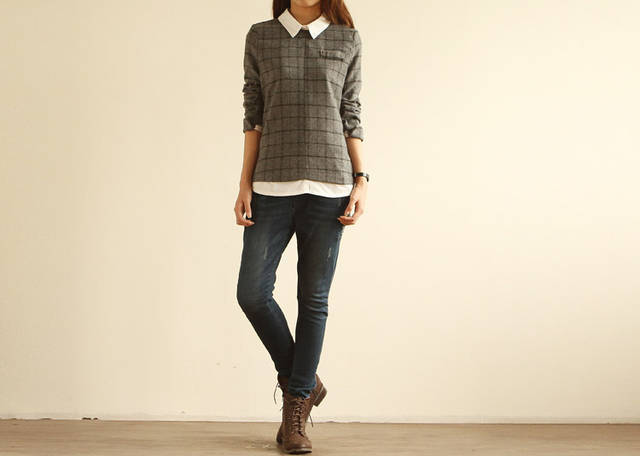 Free Shipping Fashionable 2013 Plaid Long Sleeve Turn-down Collar Wool Blouse For Women