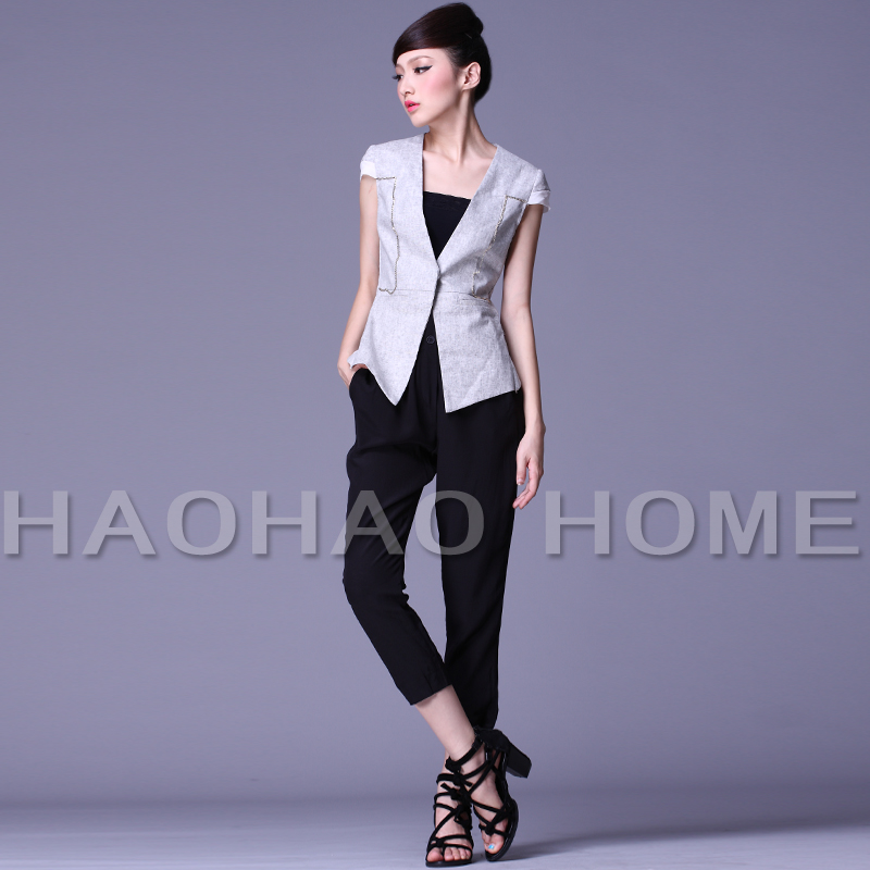 Free Shipping Fashionable casual linen fabric chain decoration female slim vest 3712