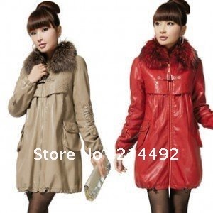 Free Shipping Fashionable Real Raccoon Fur Collar Long Leather Jacket Women Coat M L XL XXL