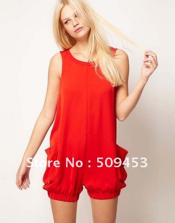 Free shipping fashionable restore ancient back zipper decorative large side pocket red chiffon jumpsuit rompers