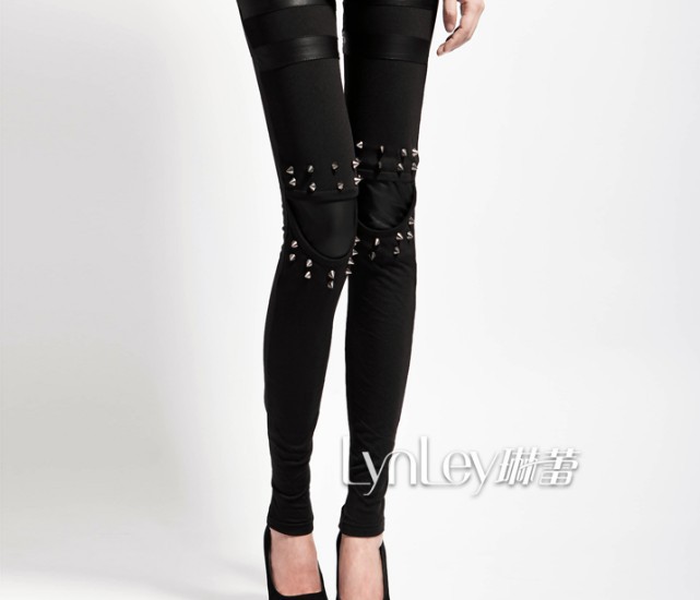 Free shipping Fasion PU Leather Splicing Rivet Punk Style Women Leggings