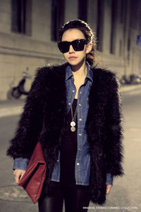 Free shipping Faux black V-neck macrotrichia black outerwear fur coats