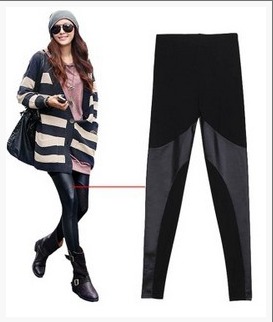 FREE SHIPPING Faux leather dull patchwork cotton legging summer fashion women's pants ,hot sale