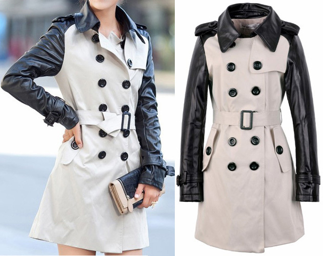 Free shipping Faux Leather Sleeve Double Breasted Trench Coat Jacket M L XL XXL WCT89