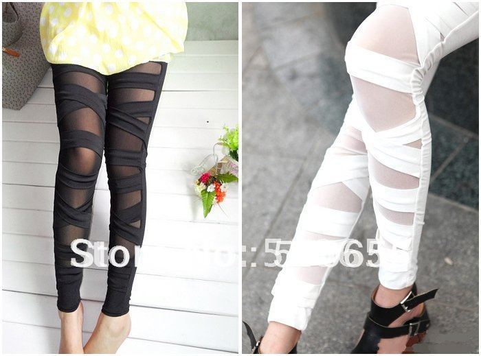 Free Shipping / Faux  Leather / Women's shiny leggings / Ripped Cut-out Bandage / White /  Black / sexy leggings / Wholesale