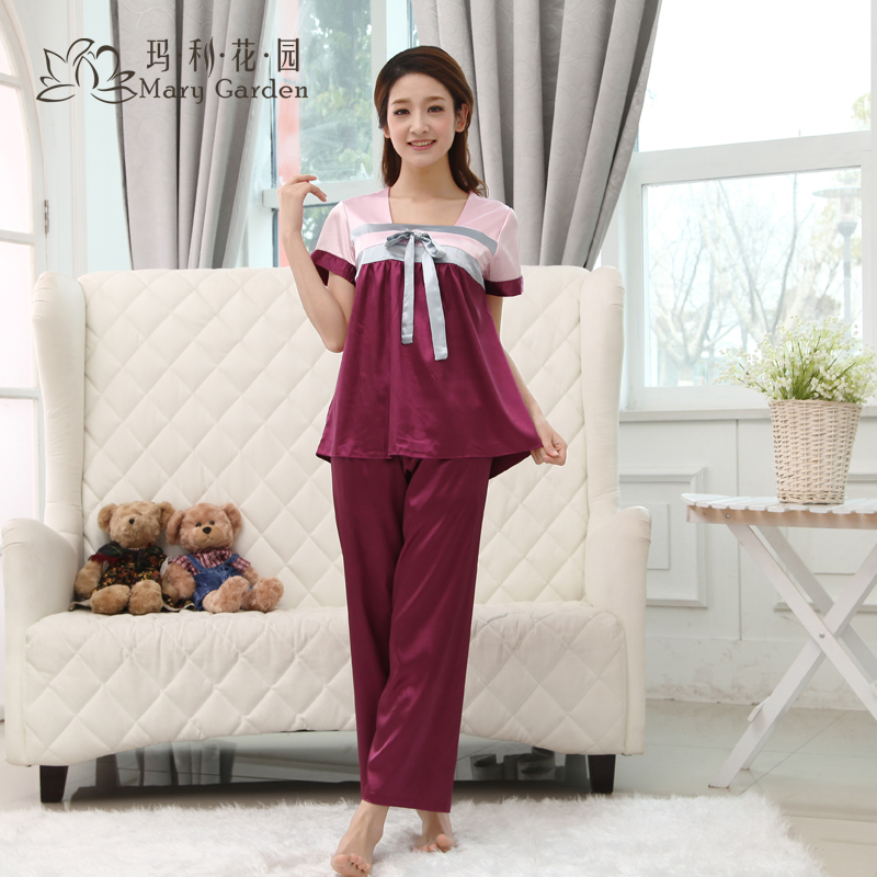 Free shipping Faux silk short-sleeve nightgown sleepwear twinset female sexy