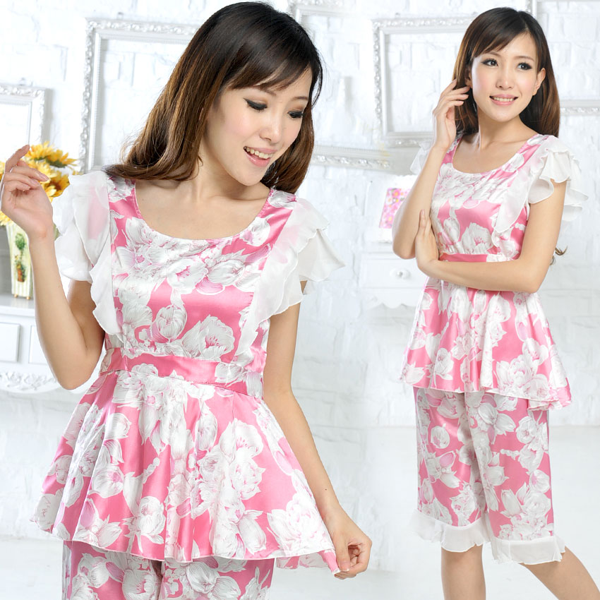 Free shipping Faux silk short-sleeve shorts sleepwear lounge twinset female sexy