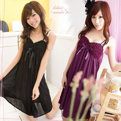 Free shipping Faux silk sleepwear female summer viscose spaghetti strap nightgown lace temptation