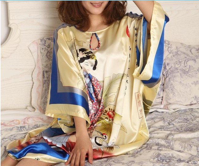 Free shipping  faux silk women's nightgown loose casual plus size robe batwing shirt lounge sleepwear