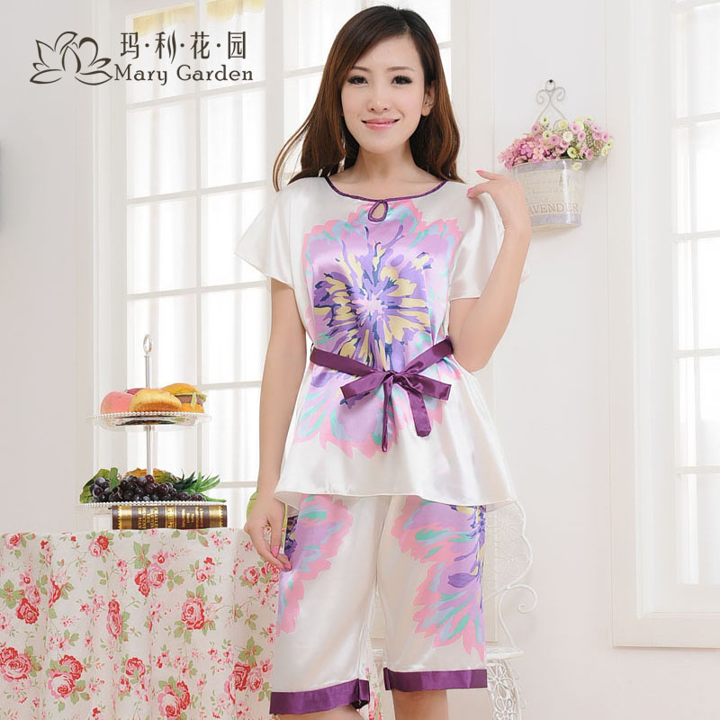 Free shipping Faux silk women's summer short-sleeve nightgown sleep set female summer paragraph