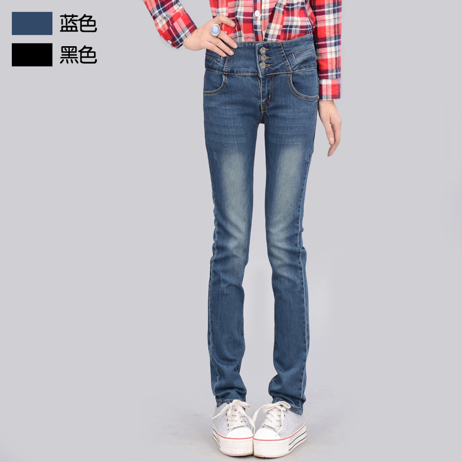 Free shipping Female jeans all-match small straight pants personality buttons slim denim trousers