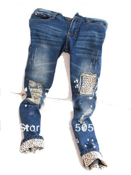 Free shipping//Female leopard print wearing white retro finishing hole butt-lifting pencil jeans roll up hem applique //5239