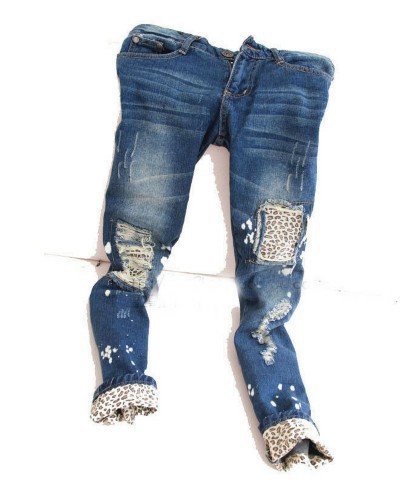 Free Shipping Female leopard print wearing white retro finishing hole butt-lifting pencil jeans roll up hem applique