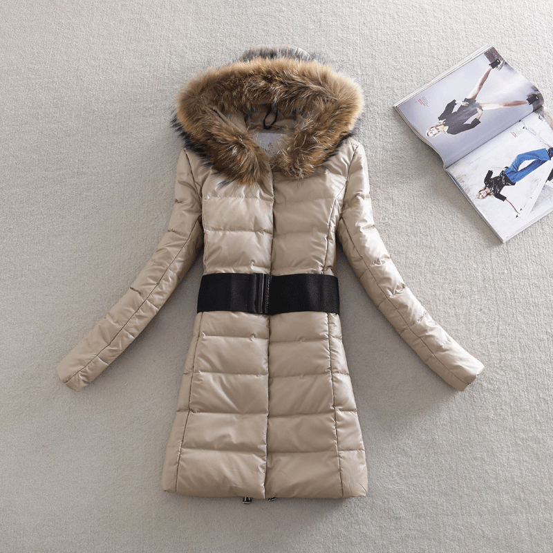 Free Shipping Female Luxury Raccoon Large Fur Collar Slim Waist Thickening Medium-long 90% white duck PU Down Coat LYZ03