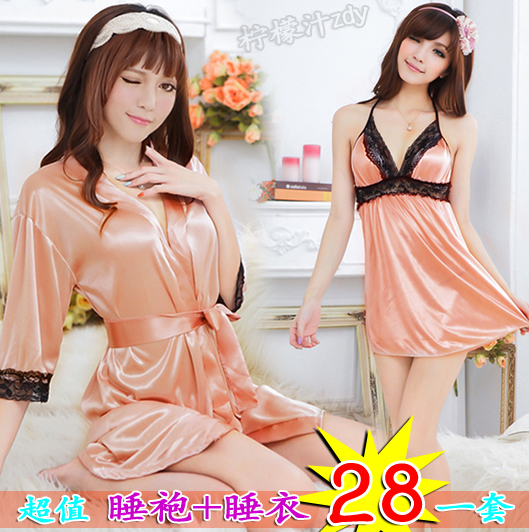 FREE SHIPPING Female noble elegant faux silk sexy translucent temptation sleepwear nightgown twinset