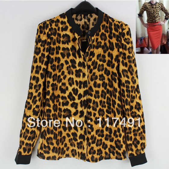 free shipping female OL fashion simple V-neck Leopard Print slim long-sleeved name shirt/blouse/top zar*/h*m woman style ft202