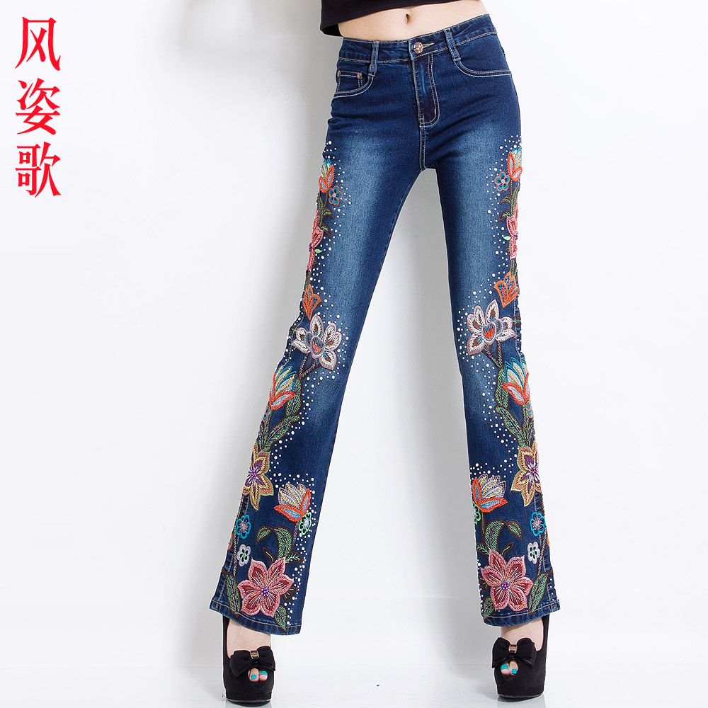 Free Shipping female retro hole butt-lifting jeans roll up  autumn brand original fashion beaded thorn embroidered pants3 - 3126