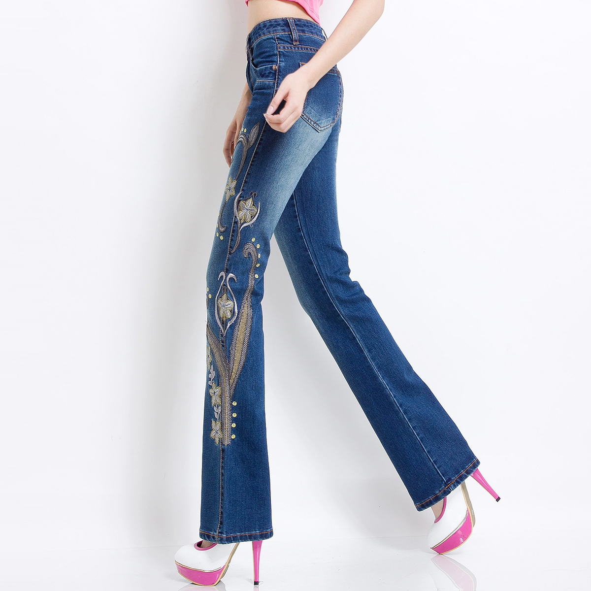 Free Shipping female retro hole butt-lifting jeans roll up autumn personality side embroidery elasticity weila pants3 - 3088