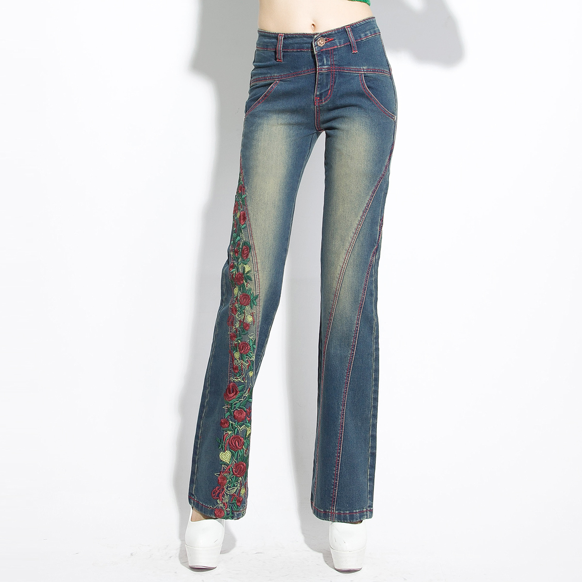 Free Shipping female retro hole butt-lifting jeans roll up beautiful exotic color  wide leg pants3 - 931