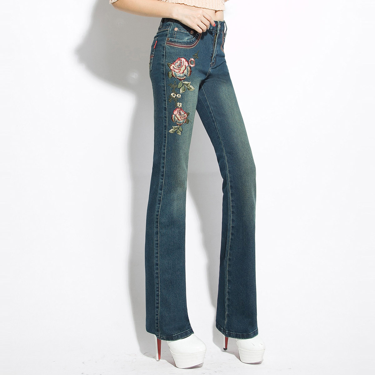 Free Shipping female retro hole butt-lifting jeans roll up embroidery embroidered lady stretch boot-cut denimpants3 - 3028