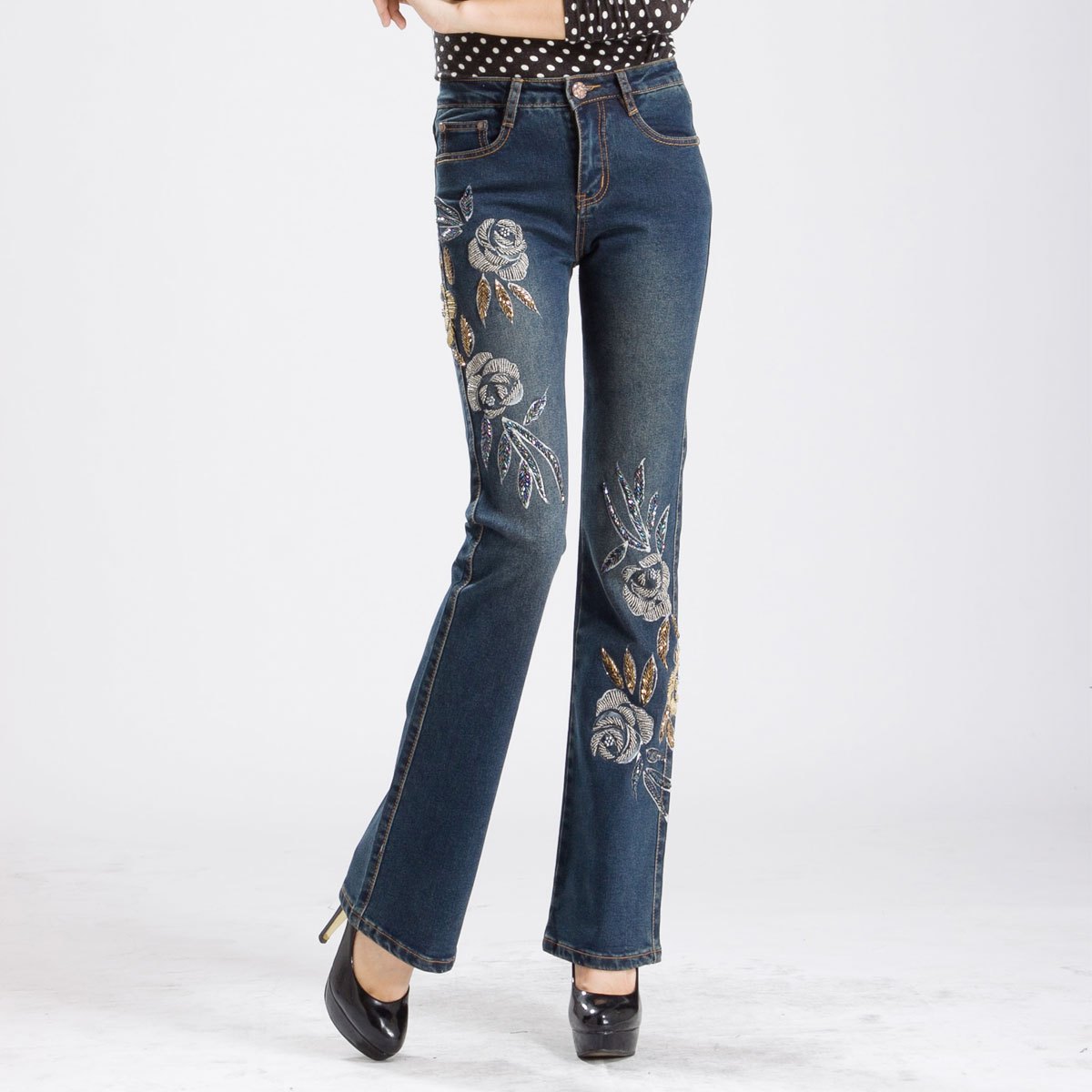 Free Shipping female retro hole butt-lifting jeans roll up  hand-painted deep cowboy nostalgia all-match flared pants3 - 3097