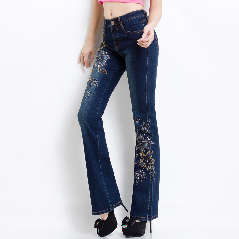 Free Shipping female retro hole butt-lifting jeans roll up painted nail bead flower blue weila slim pants3 - 3099