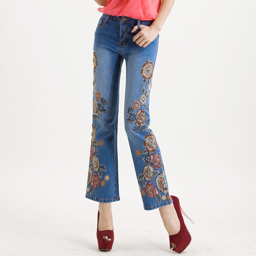 Free Shipping female retro hole butt-lifting jeans roll up the new slim bead embroidery size nine weila pants2 - 532