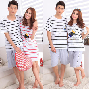 free shipping Female sleepwear short-sleeve lovers nightgown fashion stripe lovers sleepwear set lounge cartoon