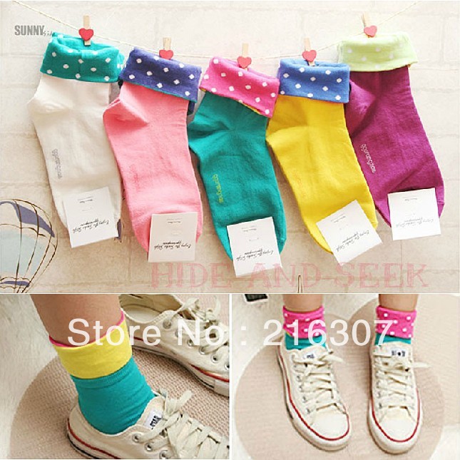 Free Shipping female sock roll up hem faux two piece color block decoration 100% cotton socks