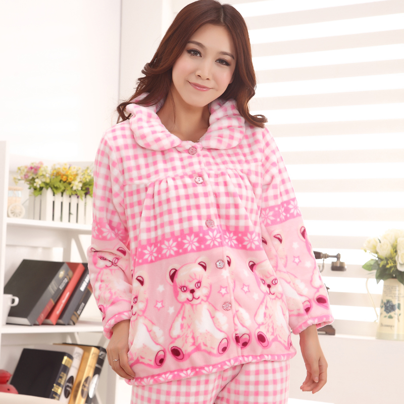 Free Shipping Flannel women's sleepwear thickening winter cartoon coral fleece sleep set lounge