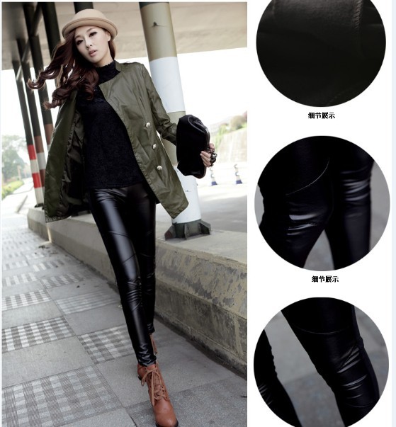 Free Shipping Fleece Matt Faux Leather Legging Female Slim Ankle Length Trousers Leather Women's PU Leggings EB-15