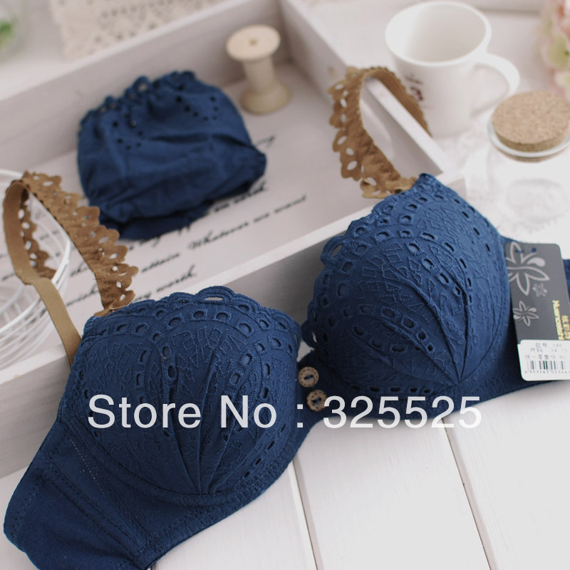 free shipping Flower button vintage blue pink cotton bra set underwear set