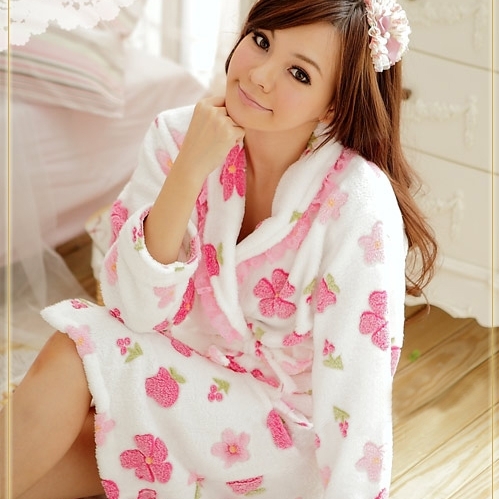 Free shipping  flower coral  robe sleepwear Women lounge fleece