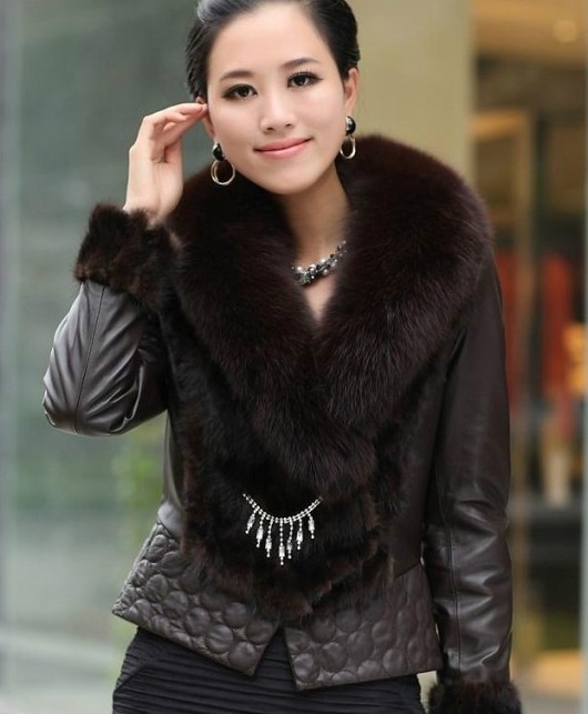 Free Shipping For High-grade Mink spell mink fur coat female brief paragraph fox collars leather leather