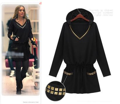 Free shipping for large size women dress .Hooded  Leisure timeDress.Punk style rivets.w177