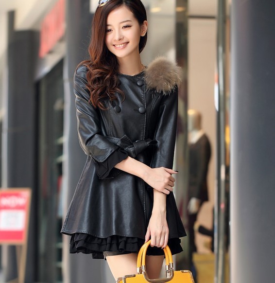 Free Shipping For m l xl 2xl Sweet temperament OL in long PU leather coat changed leather skirt