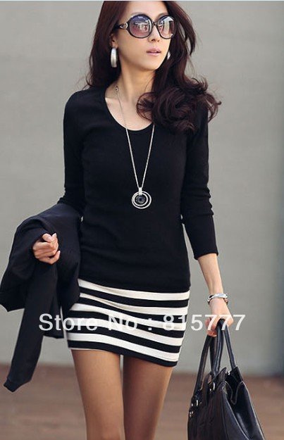 free shipping for Summer women ladies' long sleeve dress, 2013 New stripped casual dress promotion black color